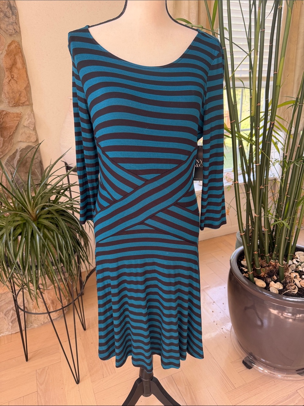 New York & Company Teal and Black Striped Long Sleeve Fit-and-Flare Dress